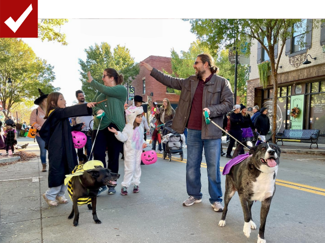 People in costumes at the Boos, Barks and Badges festival with their dogs
